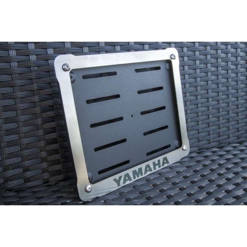 Motorcycle license plate mounting frame with custom engraving